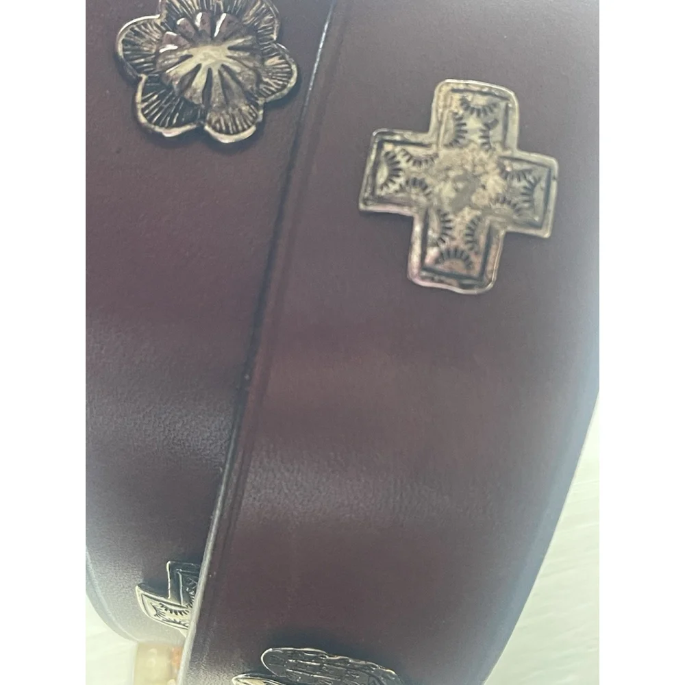 Vtg Neiman Marcus Brown Leather Western Concho Style Belt 34 Silver Buckle